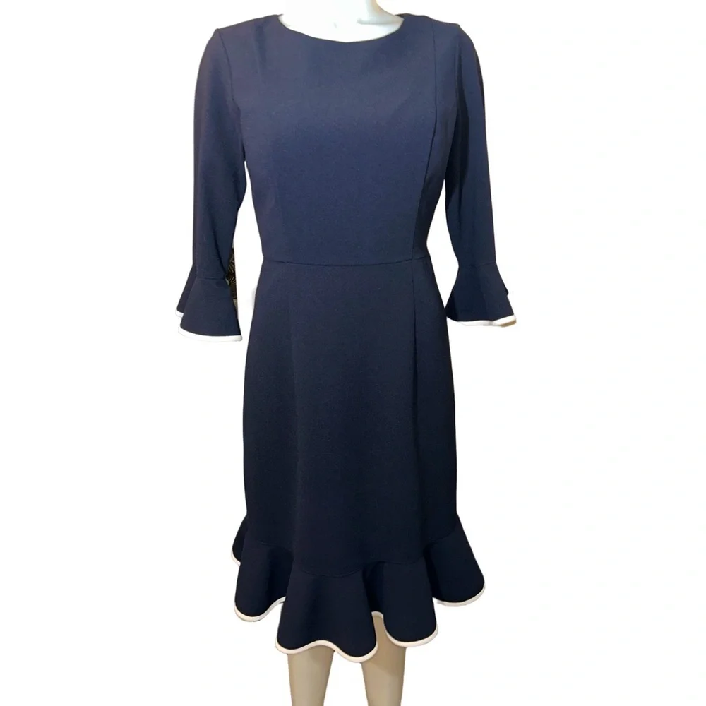 Nanette Lepore Navy Blue White Ruffle Midi Dress Long Sleeve Size 4